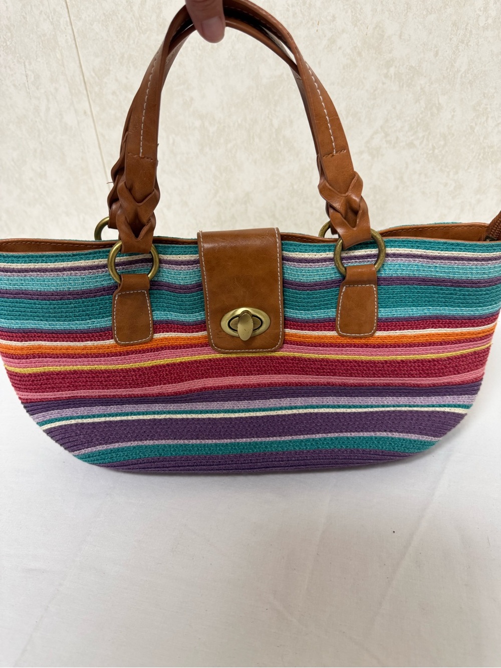 Striped Multicolor Woven Tote Bag with Tan Handles